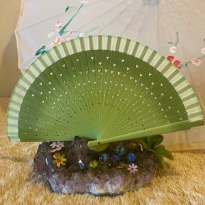 Ladies Green 7” Fan with 3Shades of Green & CutOut Hearts made of paper